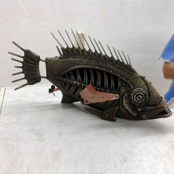 Fired ceramic with a patina, metal and painted eggshell - L 39 x W 10 x H 20 cm